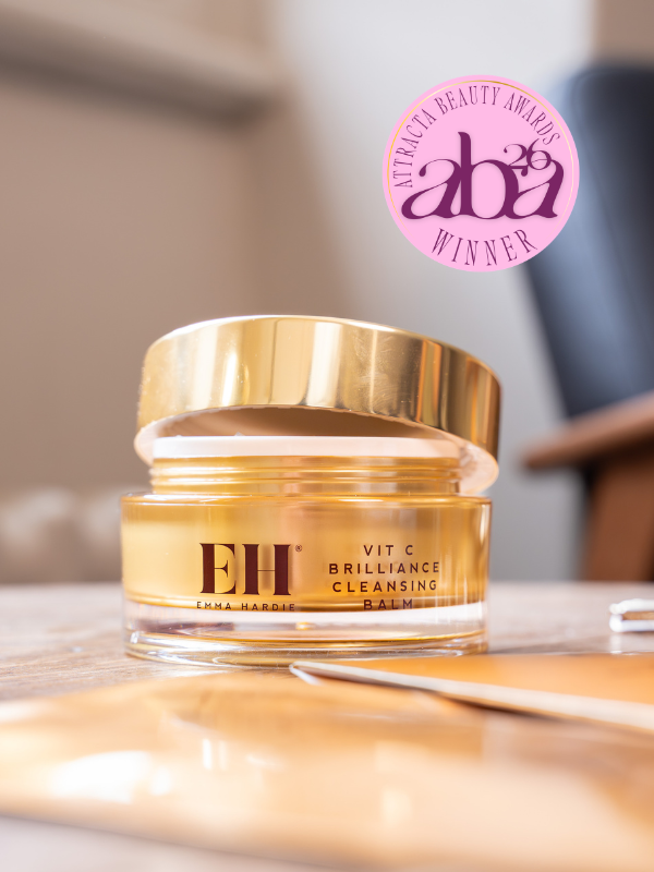 Vitamin C Brilliance Cleansing Balm: Emma Hardie Vitamin C Brilliance Cleansing Balm with Attracta Beauty Awards winner badge.