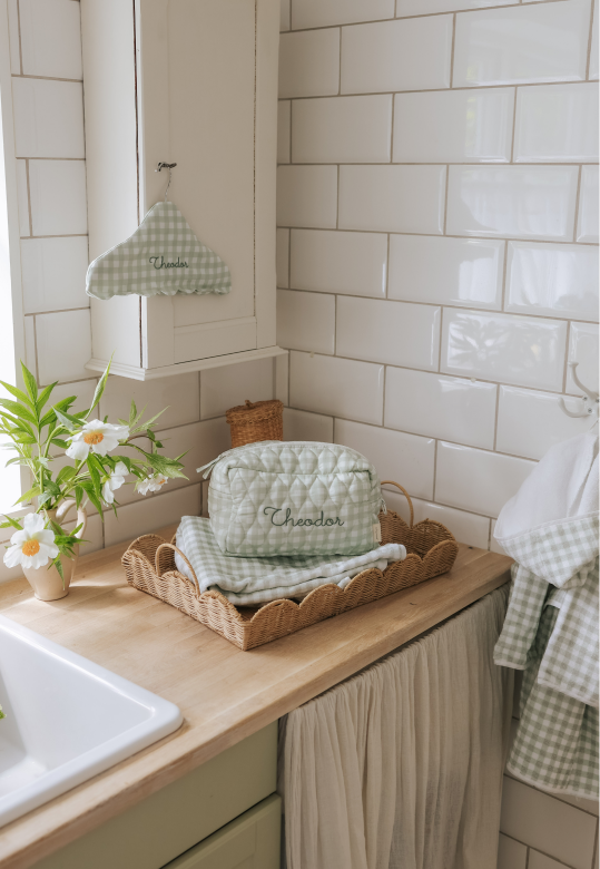 kitchen with hanger and toiletry bag