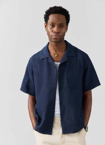 Short Sleeve Cuban Shirt | Linen | Navy