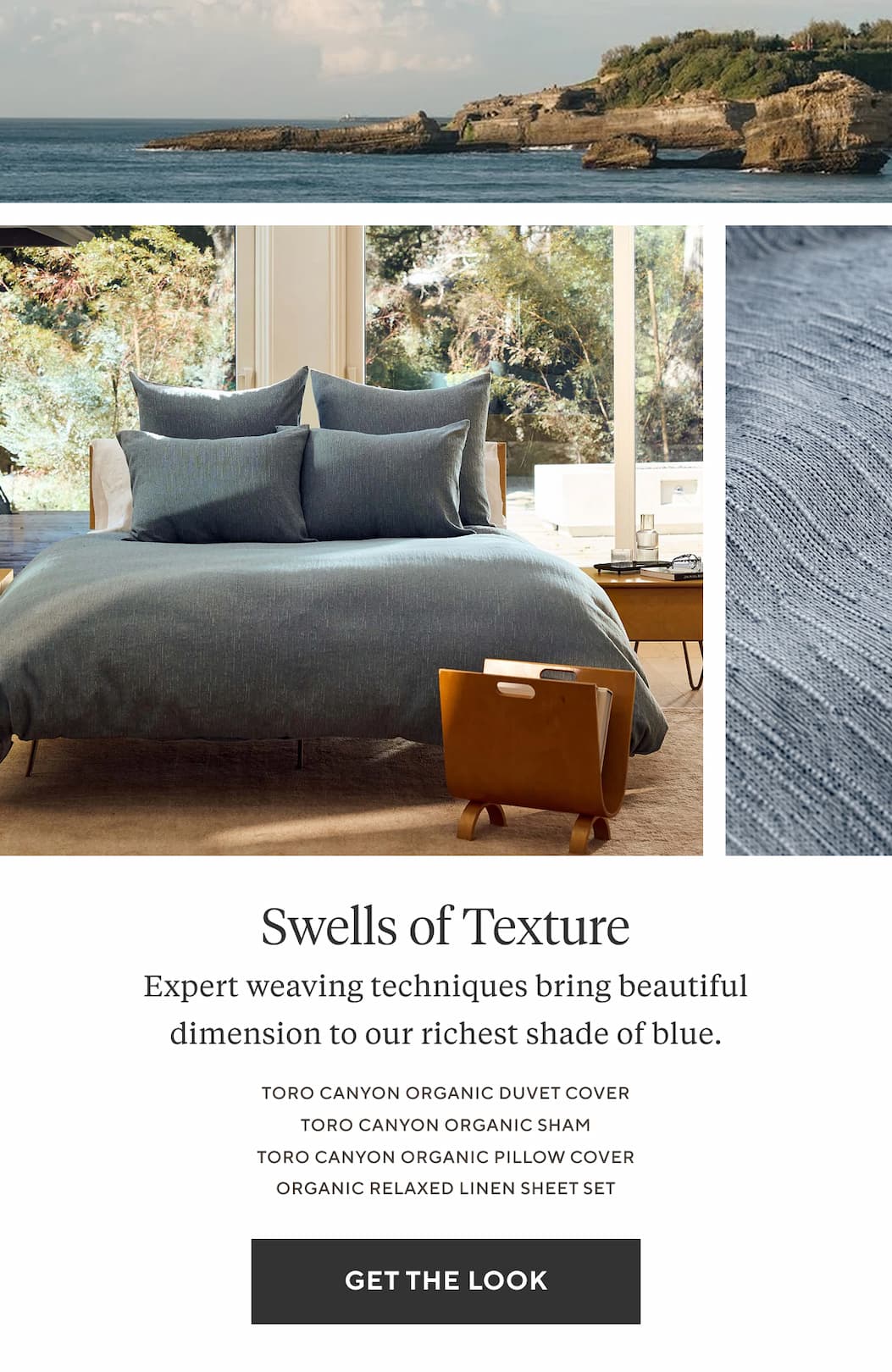 RIPPLE EFFECT Light blue motifs embroidered on undyed cotton for coastal feel, wherever you are. Get the Look >