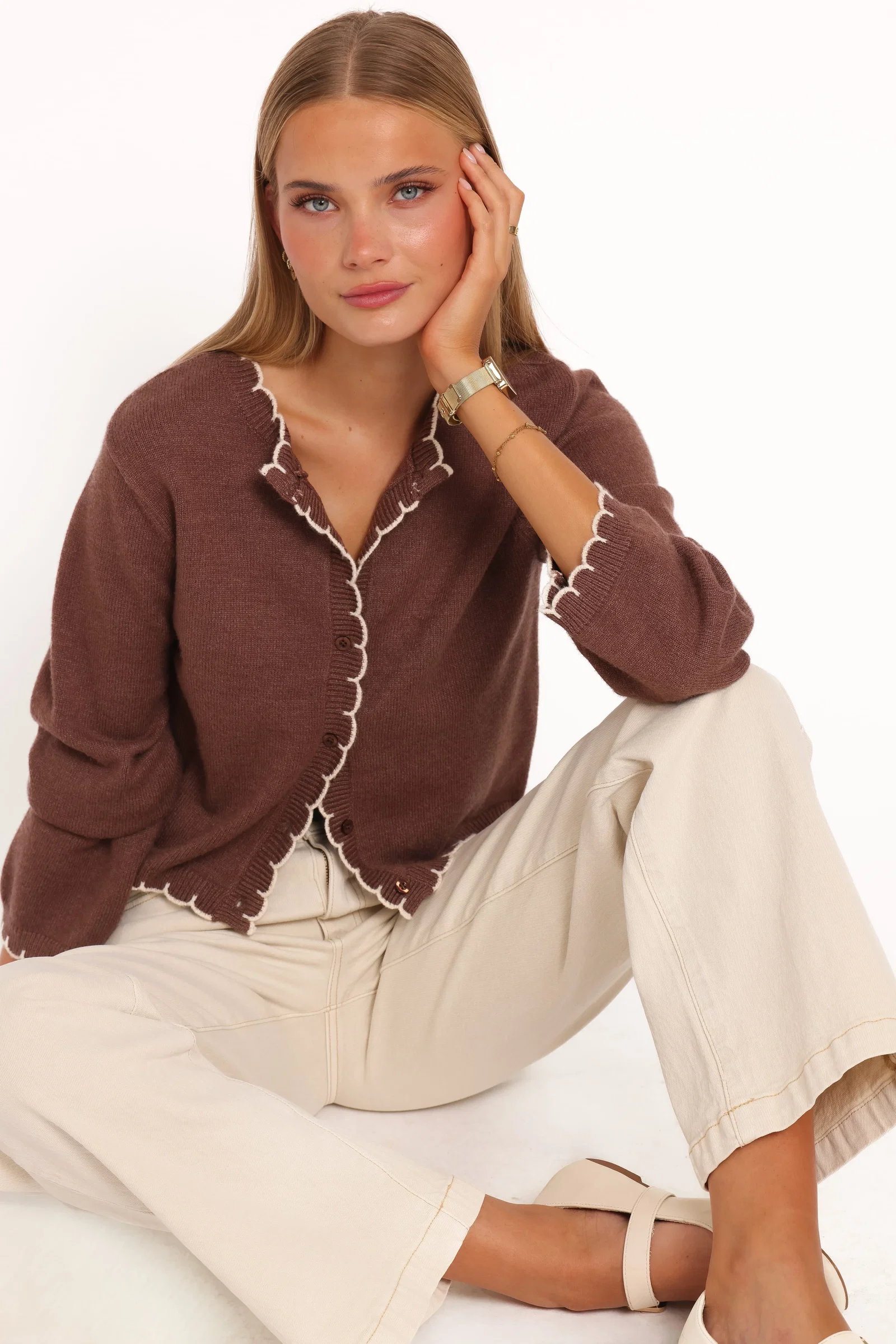 Image of Payton Scallop Cardigan - Brown