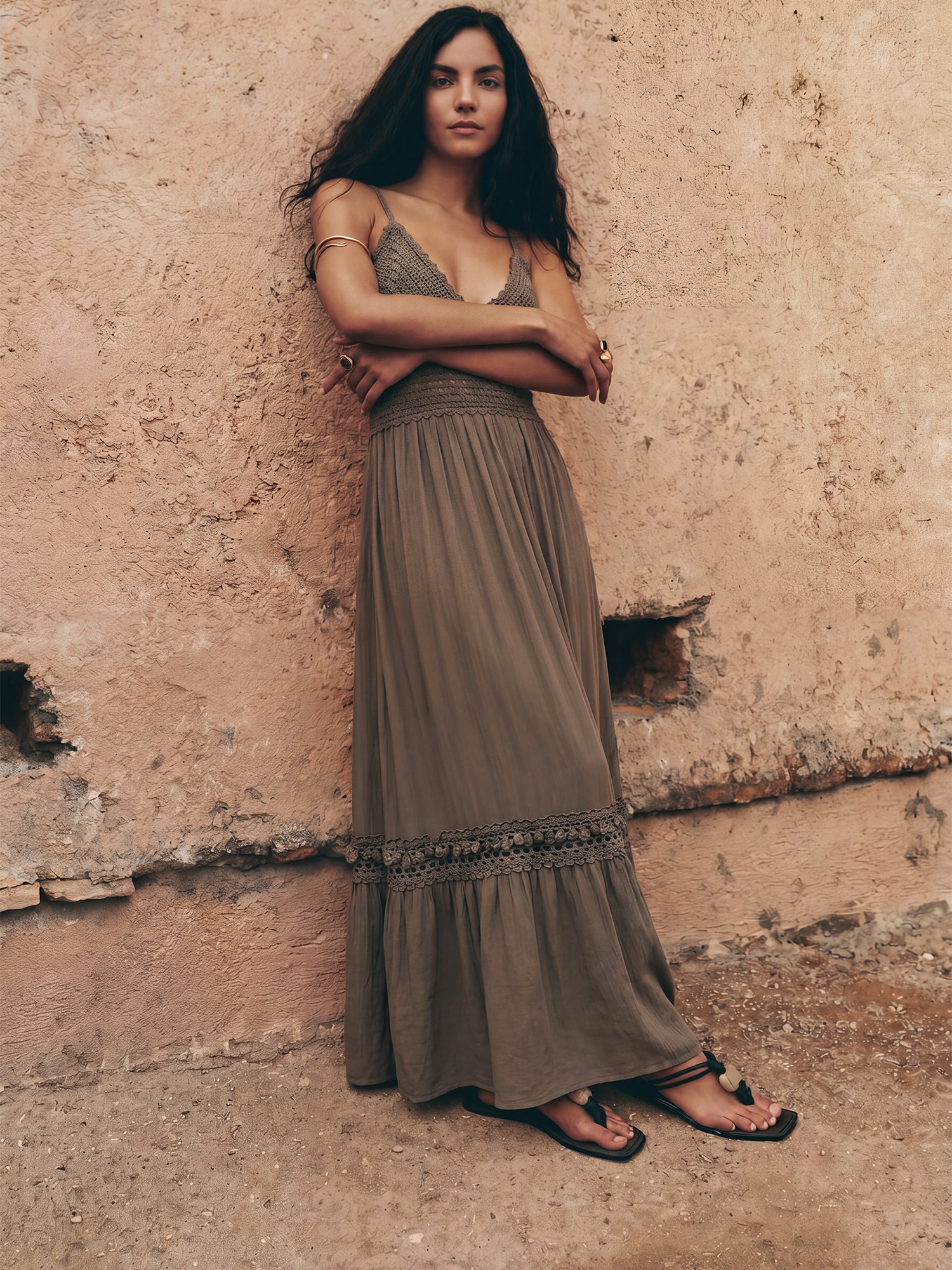 Image of Sleeveless Crochet Woven Maxi Sun Dress
