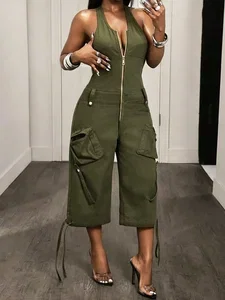 Image of Casual Solid Tailored Sleeveless Cargo Jumpsuit