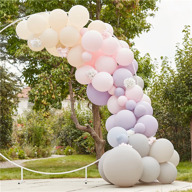 Image of Pink & Lilac Mix Balloon Arch with Hydrangea Flowers - 75 Balloons