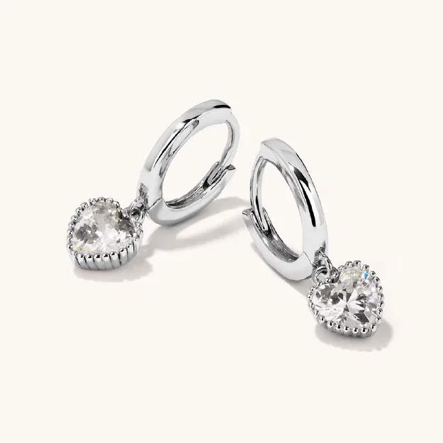 Cubic Zirconia Heart Drop Huggie Earrings in Sterling Silver