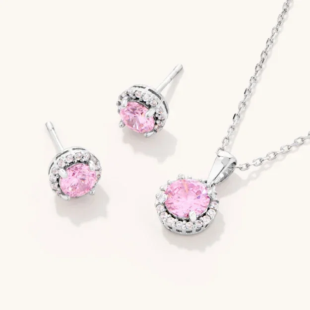 Pink Cubic Zirconia Necklace and Earrings Set in Sterling Silver