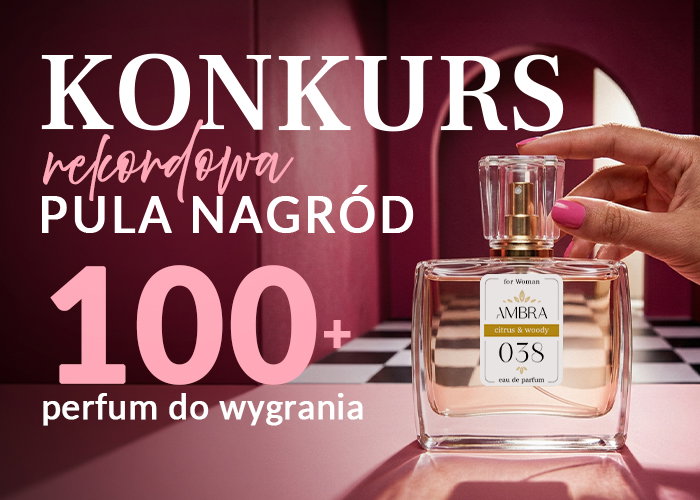 Glass Ambra 038 eau de parfum bottle on pink checkered surface, manicured hand holding cap, Polish banner advertising contest: 100+ perfumes to win