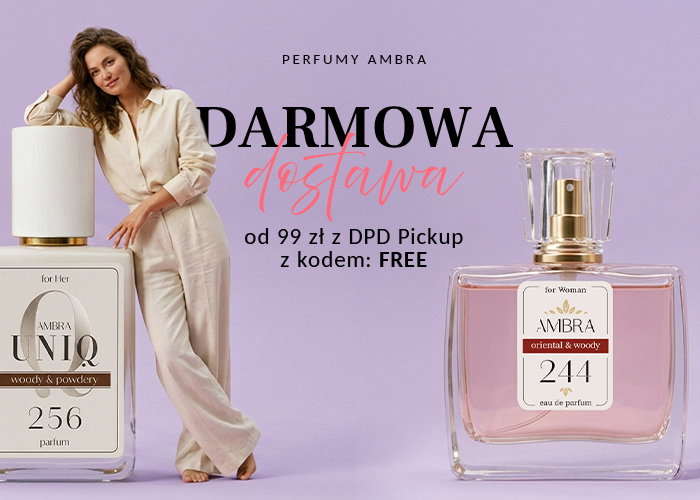 Woman leaning on oversized Ambra Uniq perfume bottle beside Ambra 244 eau de parfum on lilac background with 'Free delivery' promo text