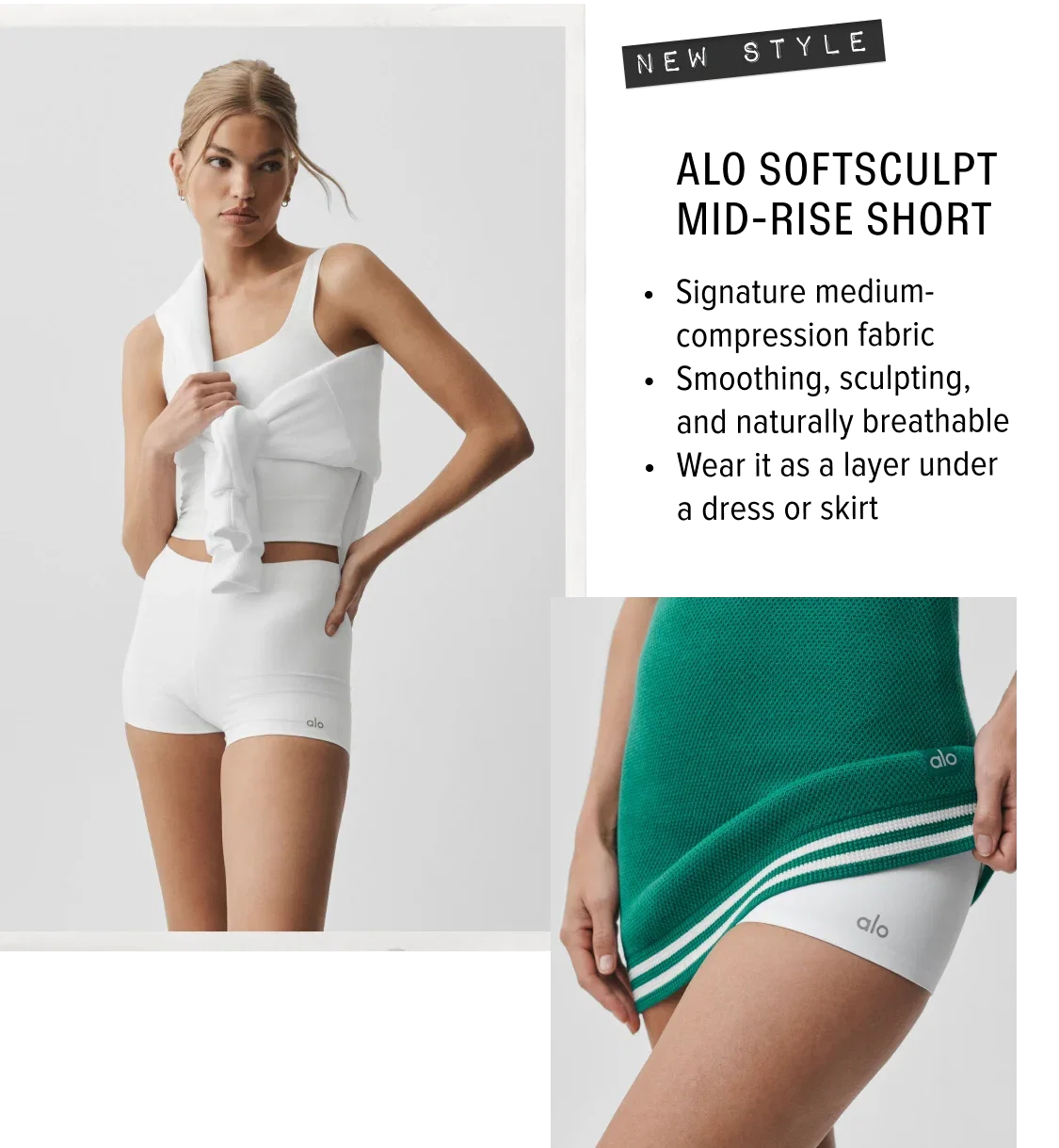 ALO SOFTSCULPT MID-RISE SHORT • Signature medium-compression fabric • Smoothing, sculpting, and naturally breathable • Wear it as a layer under a dress or skirt
