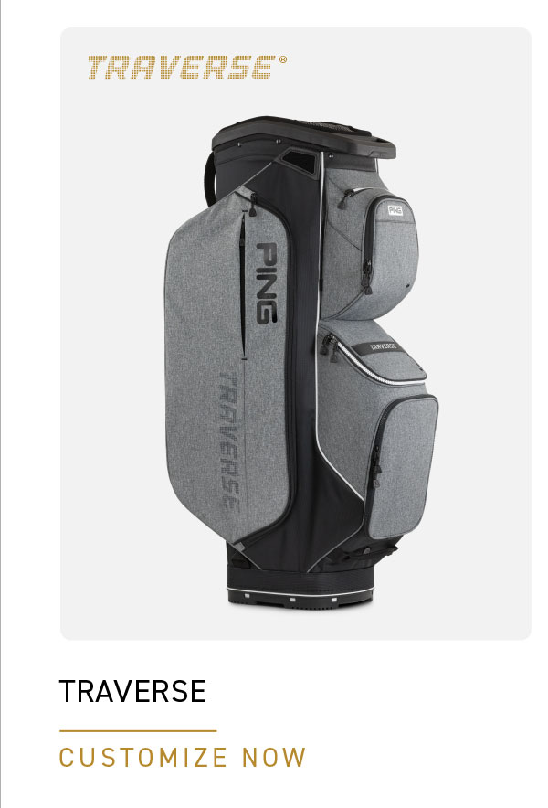 Studio shot of PING Traverse Cart Bag in Heather Grey / Black.