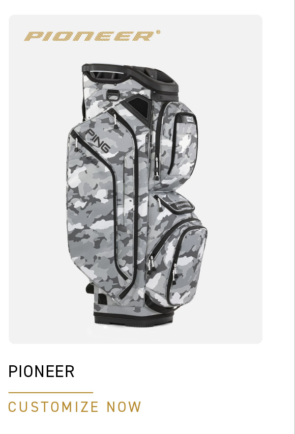Studio shot of PING Pioneer Cart Bag in Cloud Camo.