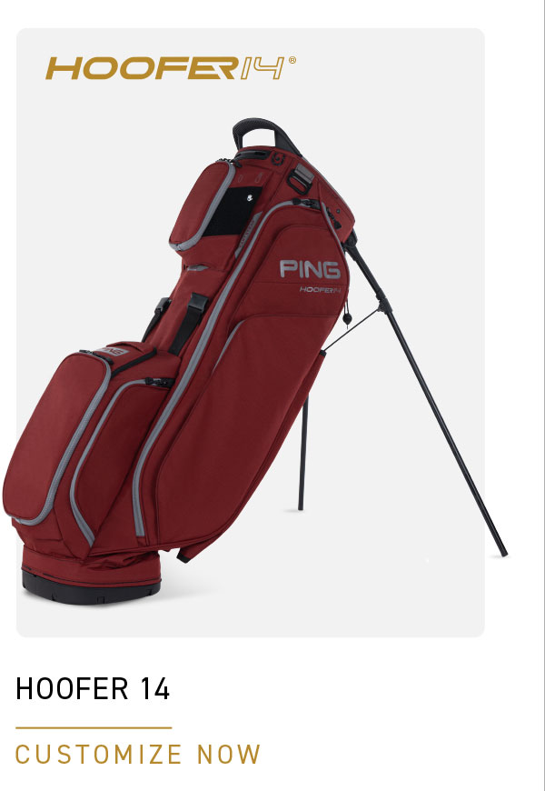 Studio shot of PING Hoofer 14 Carry Bag in Deep Red / Pewter.