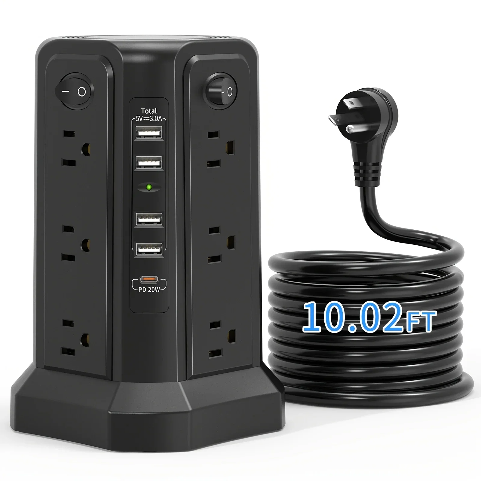 Image of Surge Protector Tower 1800J with 4 USB A Ports, USB C (PD18W) Port, 12 AC Outlets and 10FT Cord