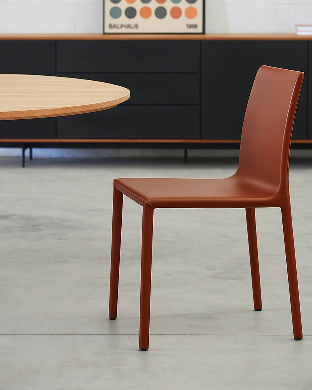 Minimalist terracotta-coloured modern dining chair beside a round oak table in a bright contemporary dining room