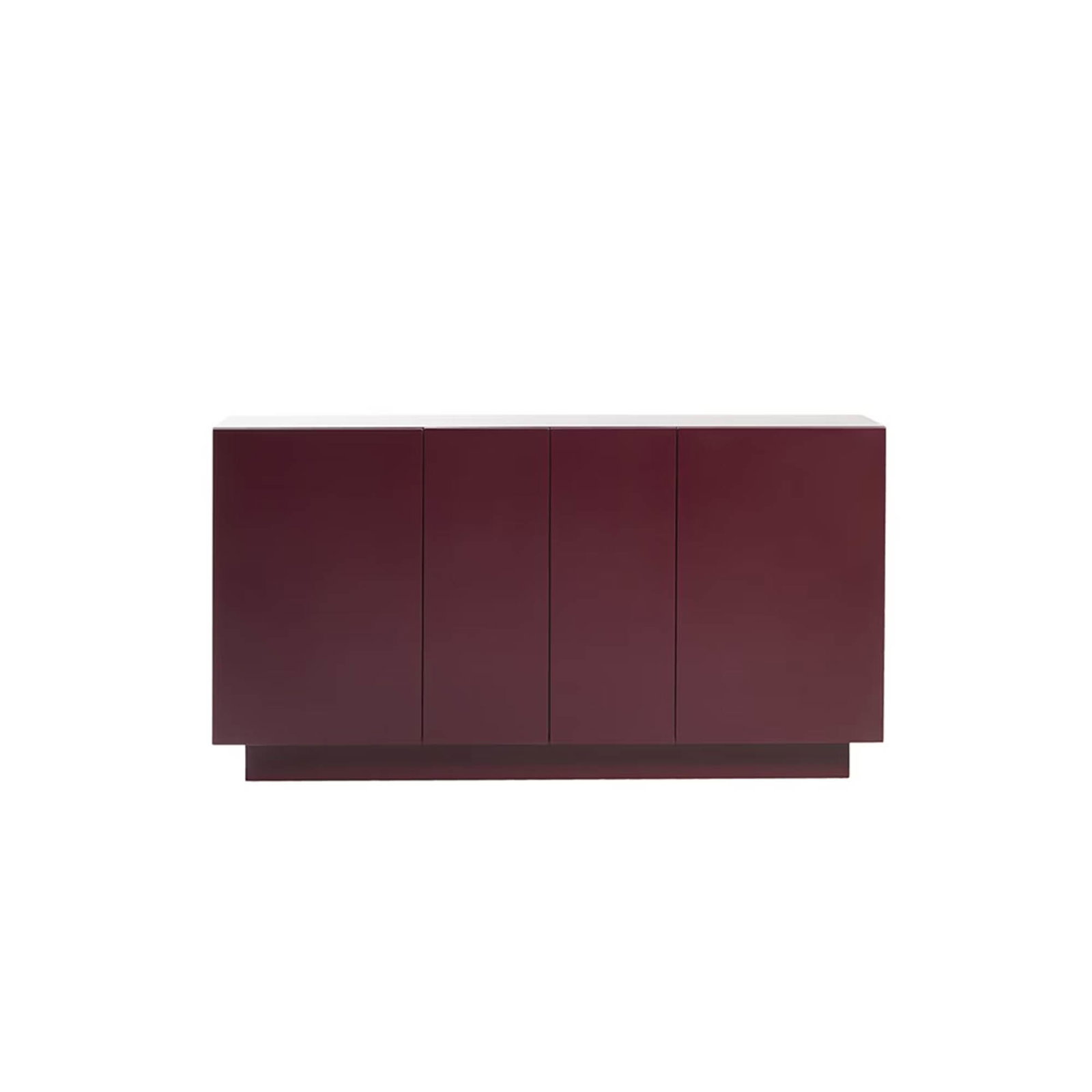 Burgundy modern sideboard with four vertical doors on a recessed plinth base, isolated on a white background