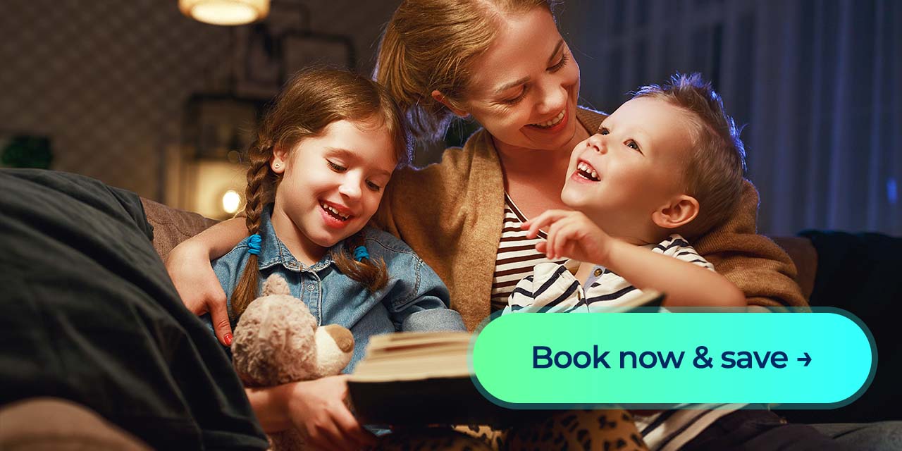 A mother reads with her two children on the couch during a cozy summer evening, with a “Book now & save” call-to-action