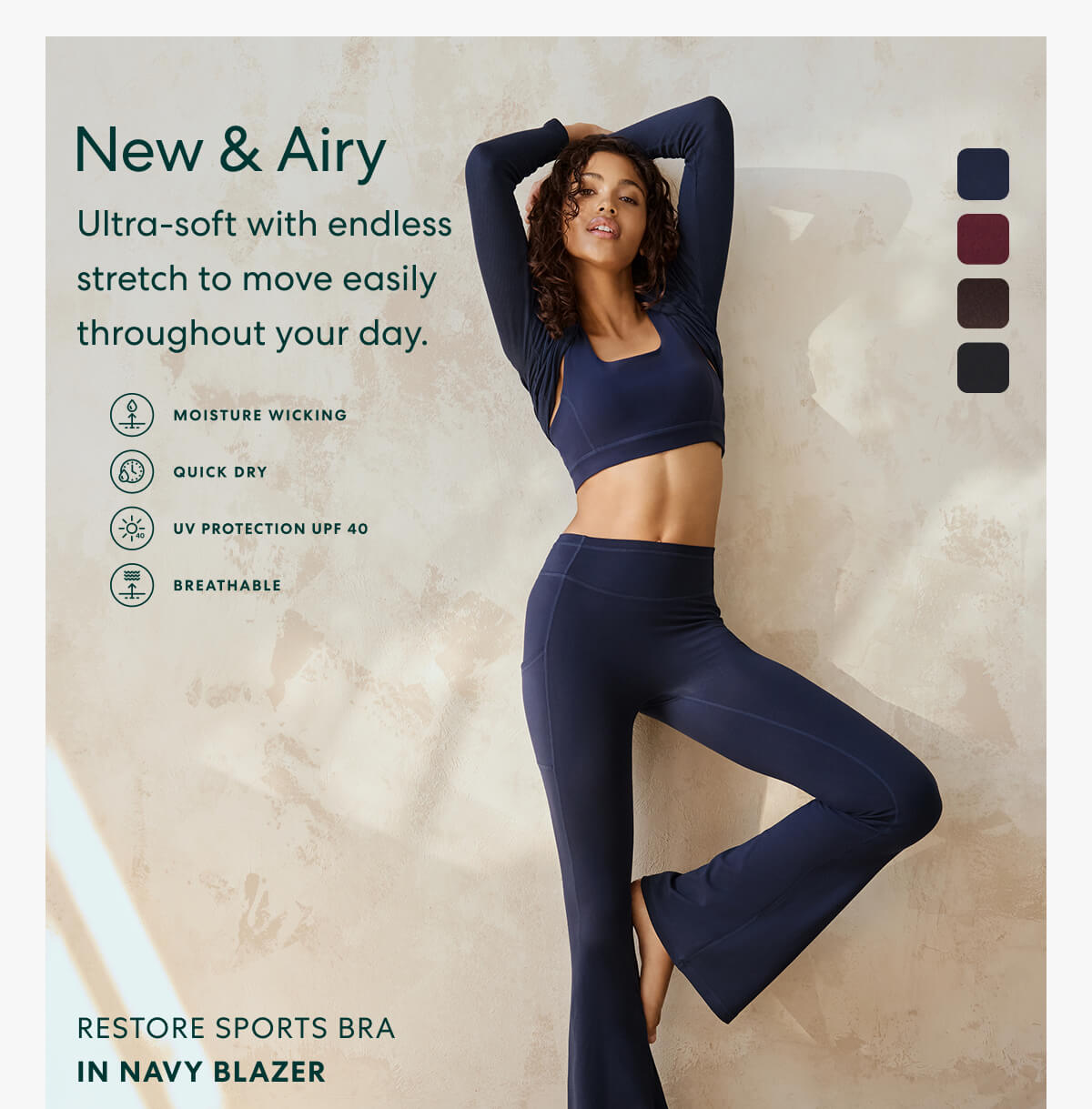 New & Airy  -  Ultra-soft with endless stretch to move easily throughout your day.  -  RESTORE SPORTS BRA, In Navy Blazer