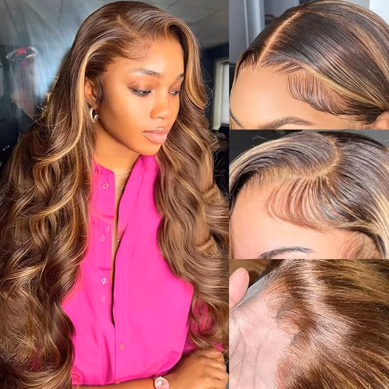 200% Density P4/27 Highlight Brown Colored Human Hair Wigs Skin Melt 13x6 Body Wave HD Lace Front Wigs