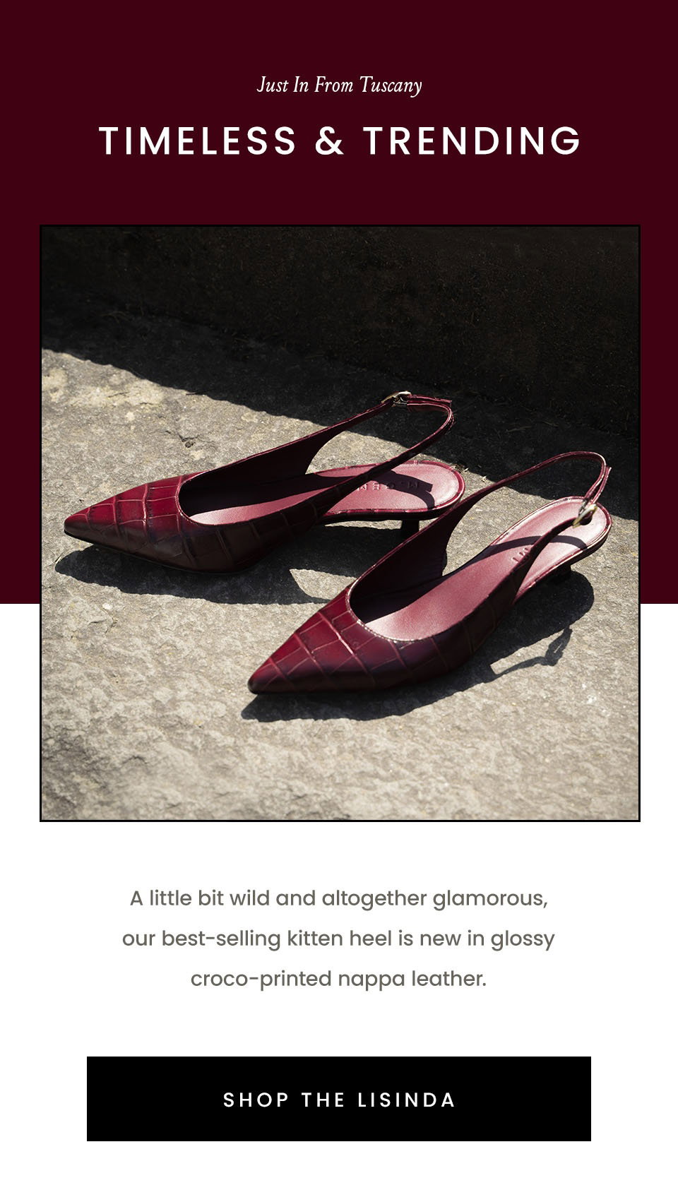 —Just in from Tuscany—  Timeless & Trending  A little bit wild and altogether glamorous, our best-selling kitten heel is new in glossy croco-printed nappa leather. < Shop The Lisinda > 