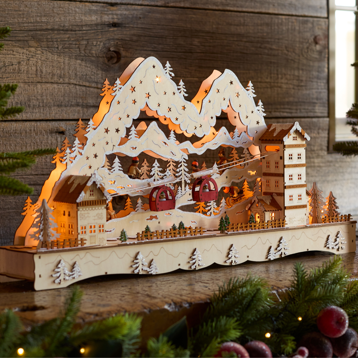 Lit Wooden Animated Ski Resort Ornament