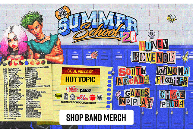 Hot Topic and Summer School 2026 tour. Shop band merch.