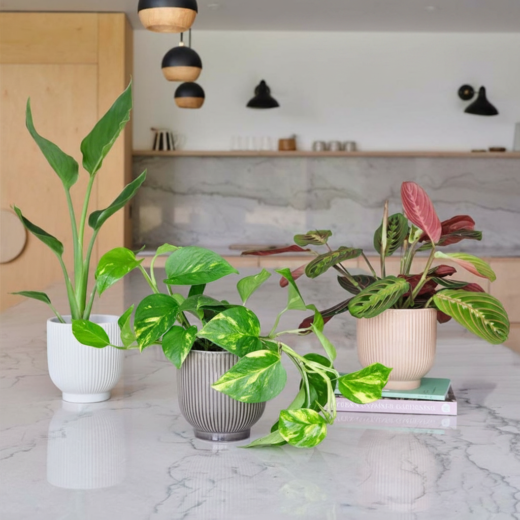 Three potted houseplants on a marble countertop in a modern kitchen.