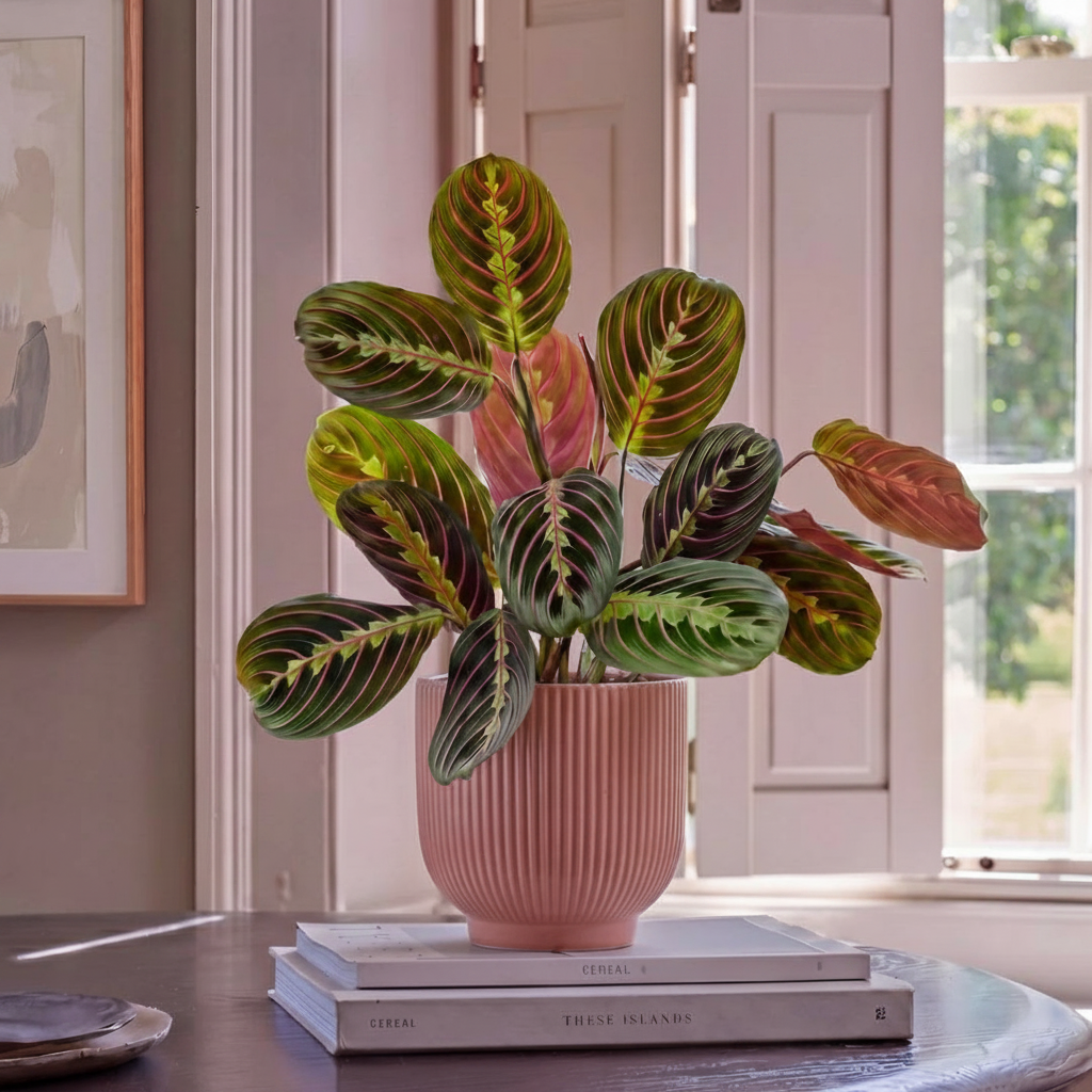 A prayer plant with striking red and green leaves sits in a pink ribbed pot on a stack of books.