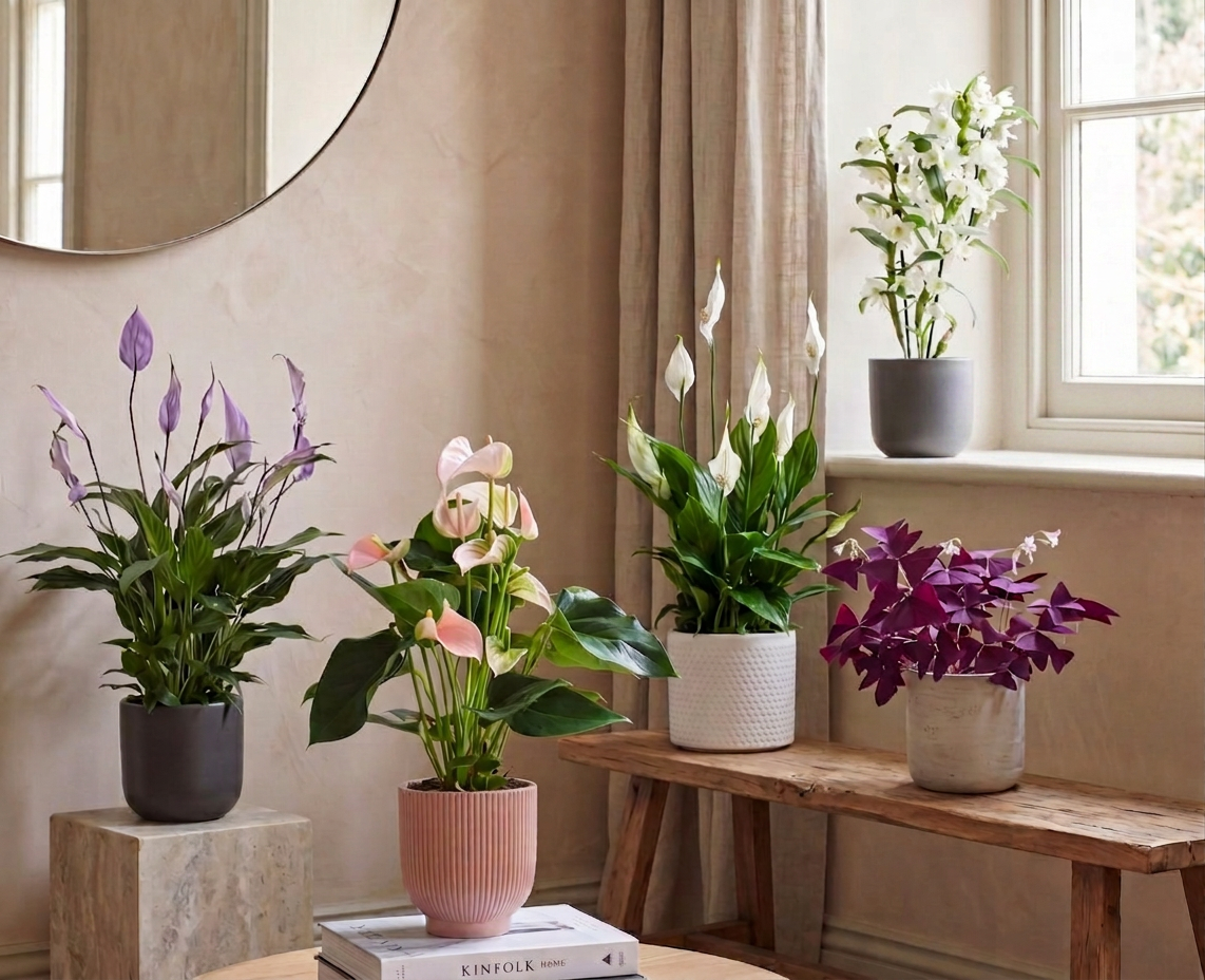 A collection of houseplants in decorative pots arranged in a room.