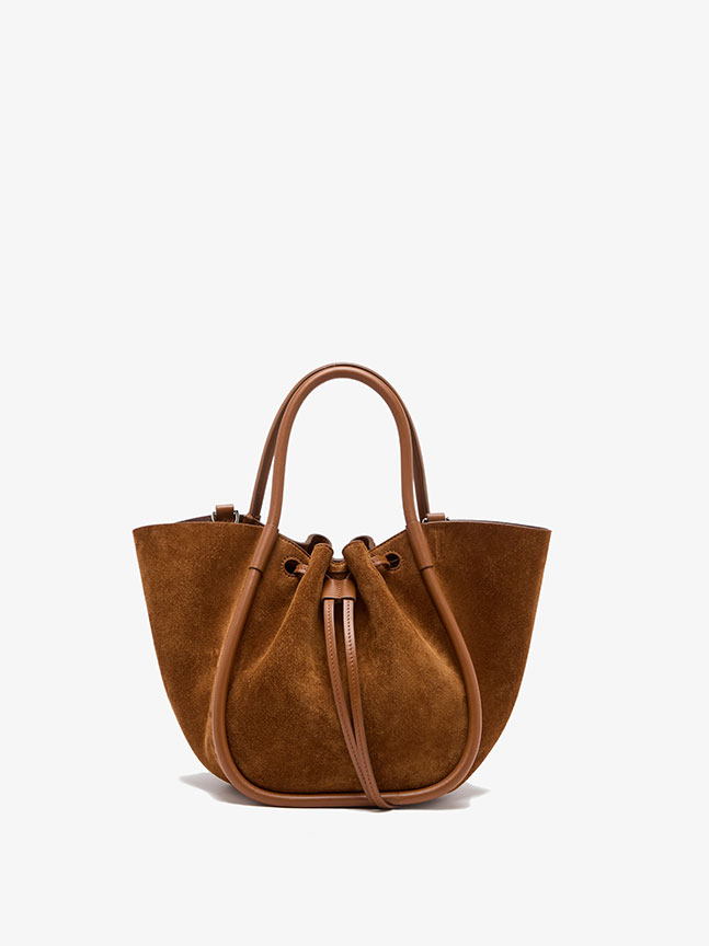 Small Ruched Tote in Soft Suede in Saddle