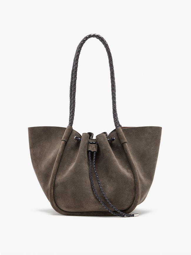 Large Ruched Tote in Suede and Braided Calf in Graphite