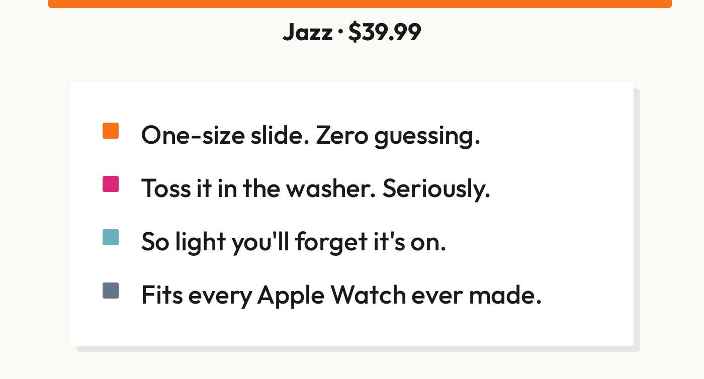 Jazz band details: $39.99, one-size slide, machine washable, lightweight, fits every Apple Watch.