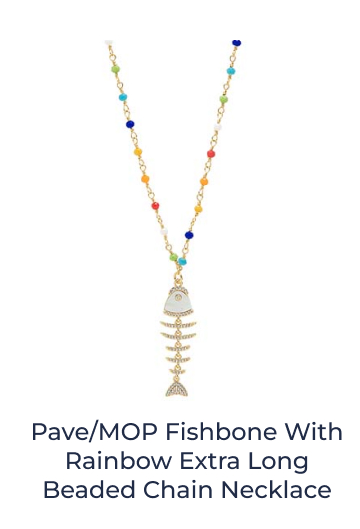 Pave/MOP Fishbone With Rainbow Extra Long Beaded Chain Necklace
