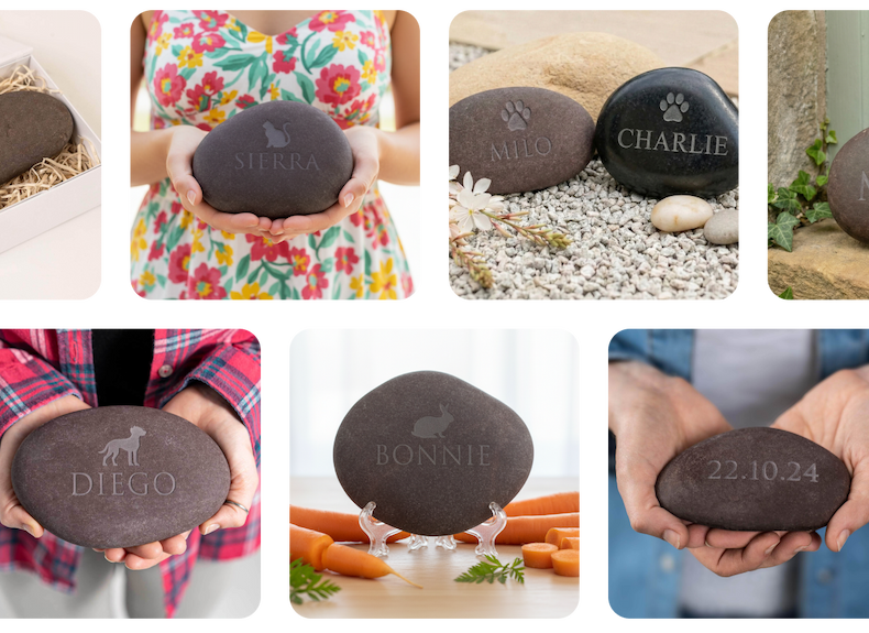 A collection of personalised pet pebbles engraved with different names, symbols and dates, shown being held and displayed in various outdoor settings