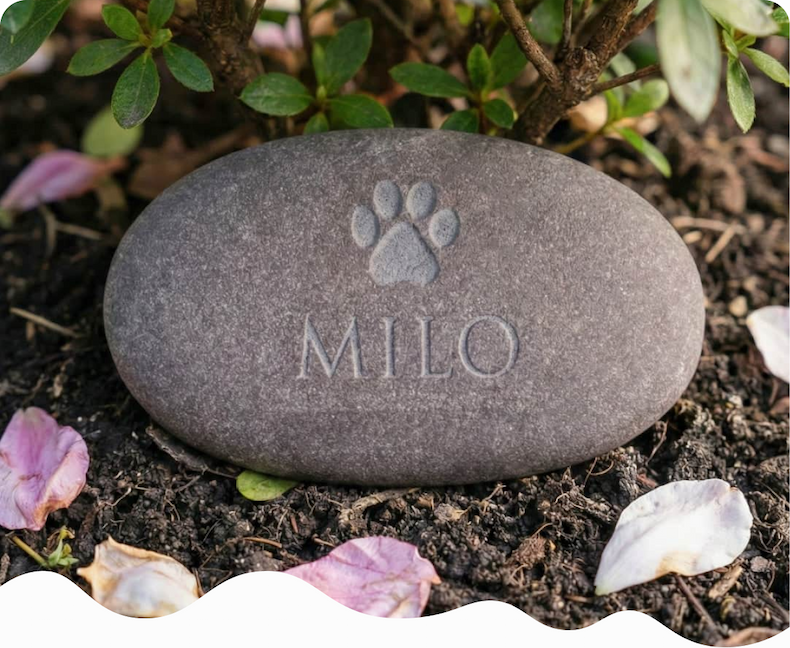 A natural stone pebble engraved with a paw print and the name Milo, resting in a garden among flower petals