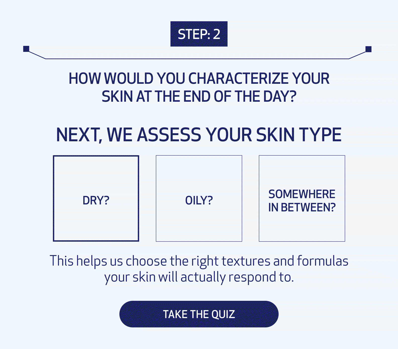 Step: 2 How would you characterize your skin at the end of the day? Next, We Assess Your Skin Type Dry? Oily? Somewhere in between? This helps us choose the right textures and formulas your skin will actually respond to. TAKE THE QUIZ