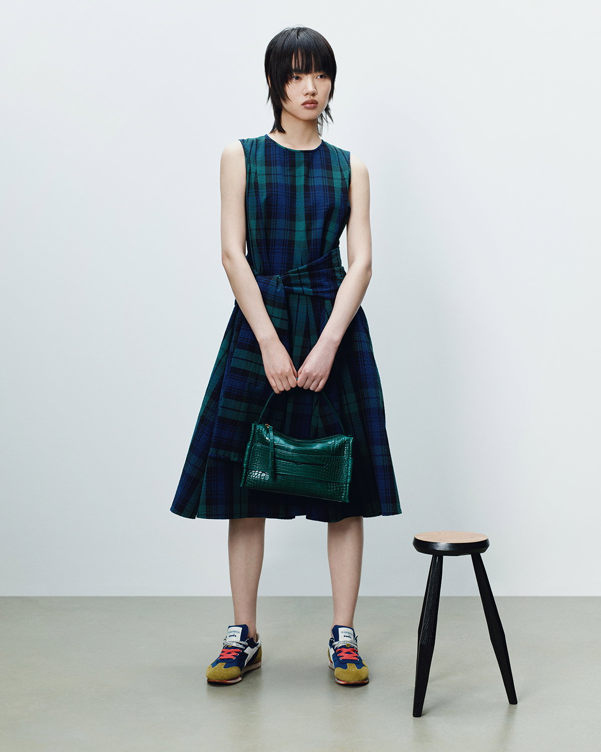 Womens cloque dress in navy & green