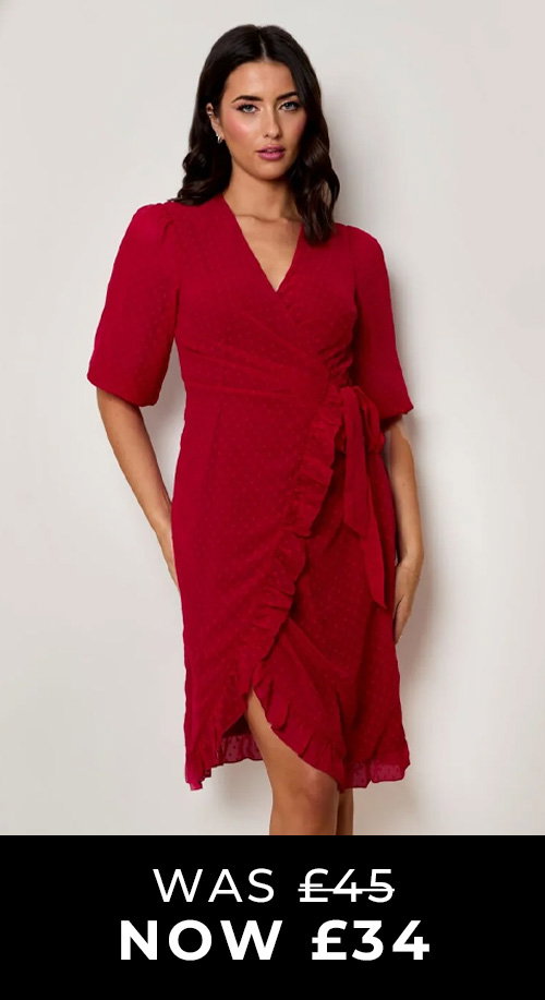 Puff Sleeve Dobby Ruffle Wrap Mini Dress in Red