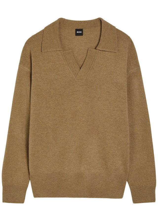BOSS Open collar wool polo jumper