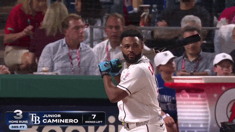 An animated GIF of Junior Caminero's 491-foot home run