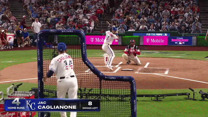 An animated GIF of Jac Caglianone's 477-foot home run