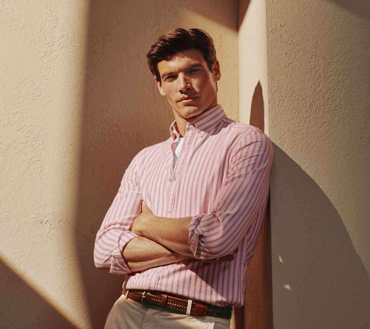 Button-Down Stretch Washed Oxford Stripe Shirt – Light Pink