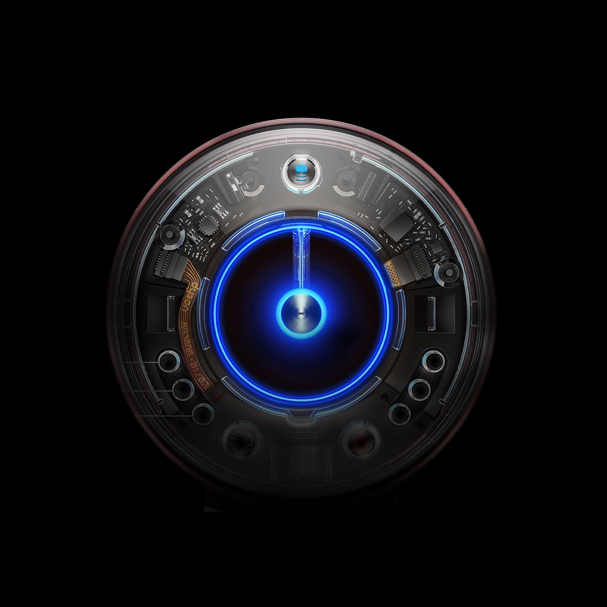 The technology inside the Dyson Supersonic Nural hair dryer through the clear end cap on the aperture.
