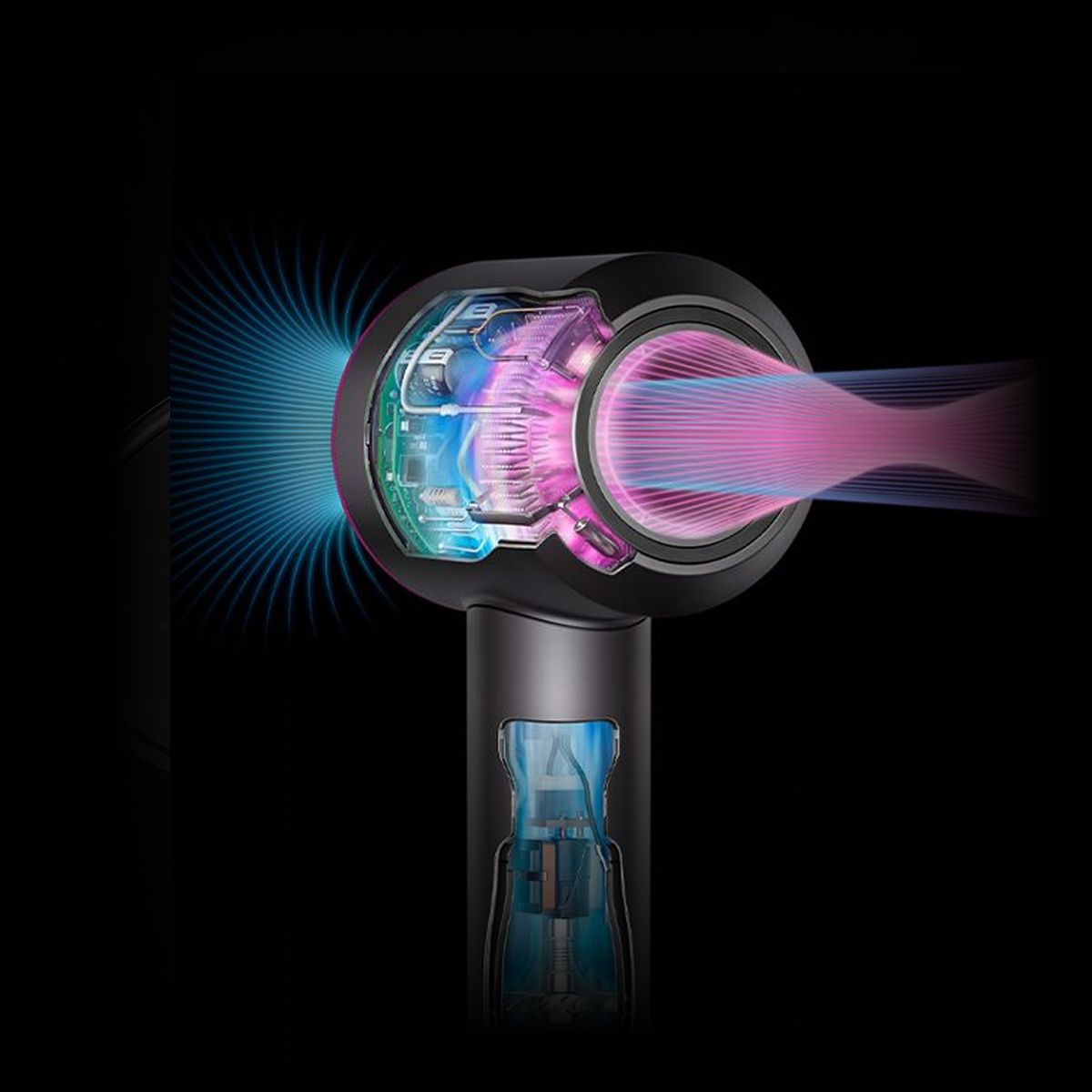 Cutaway showing the airflow through the Dyson Supersonic Nural hair dryer.