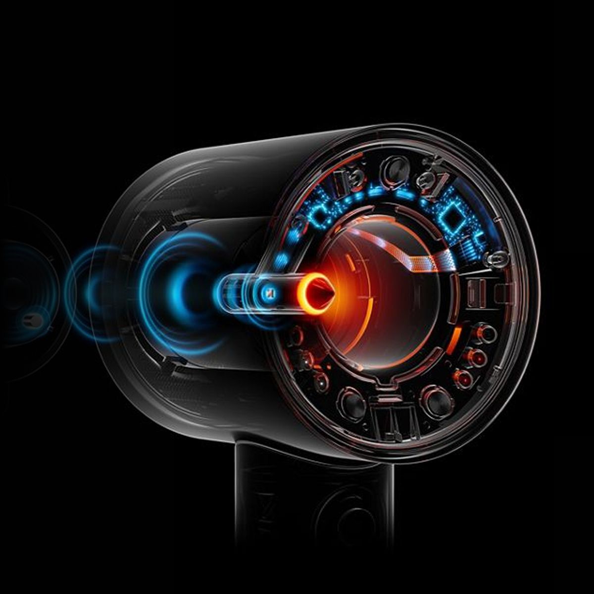 Cutaway showing the technology inside the Dyson Supersonic Nural hair dryer.