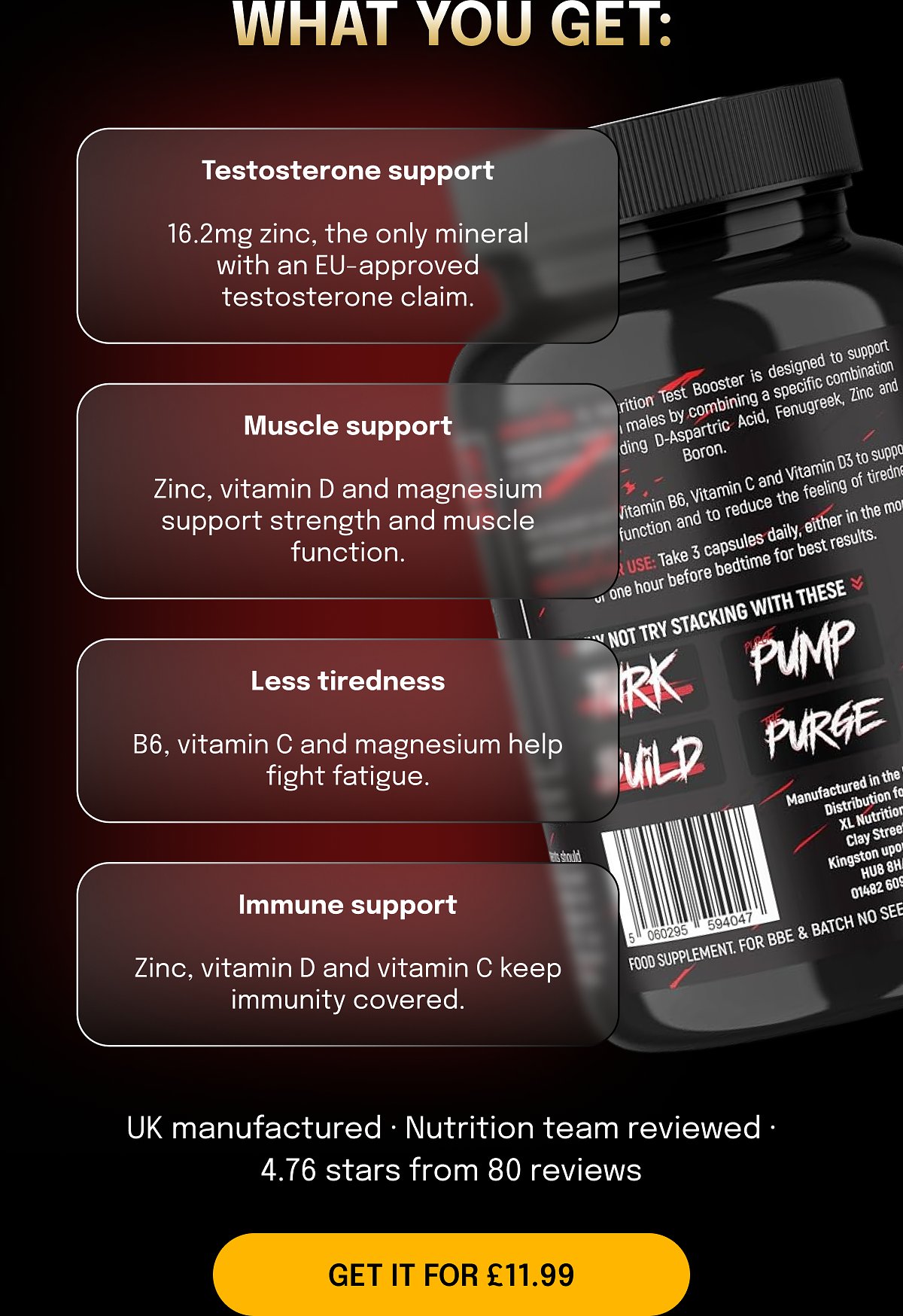 What you get: Testosterone support 16.2mg zinc, the only mineral with an EU-approved testosterone claim.