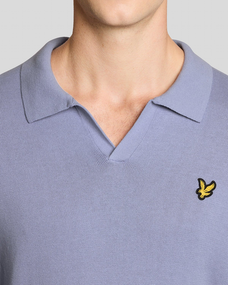 Man wears Cotton Polo-Collar Jumper in Bubble Blue