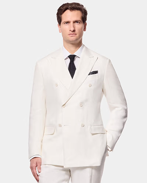 Tailored Fit Cream White Herringbone Linen Suit Jacket