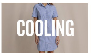 Cooling. Woman in blue and white striped dress.