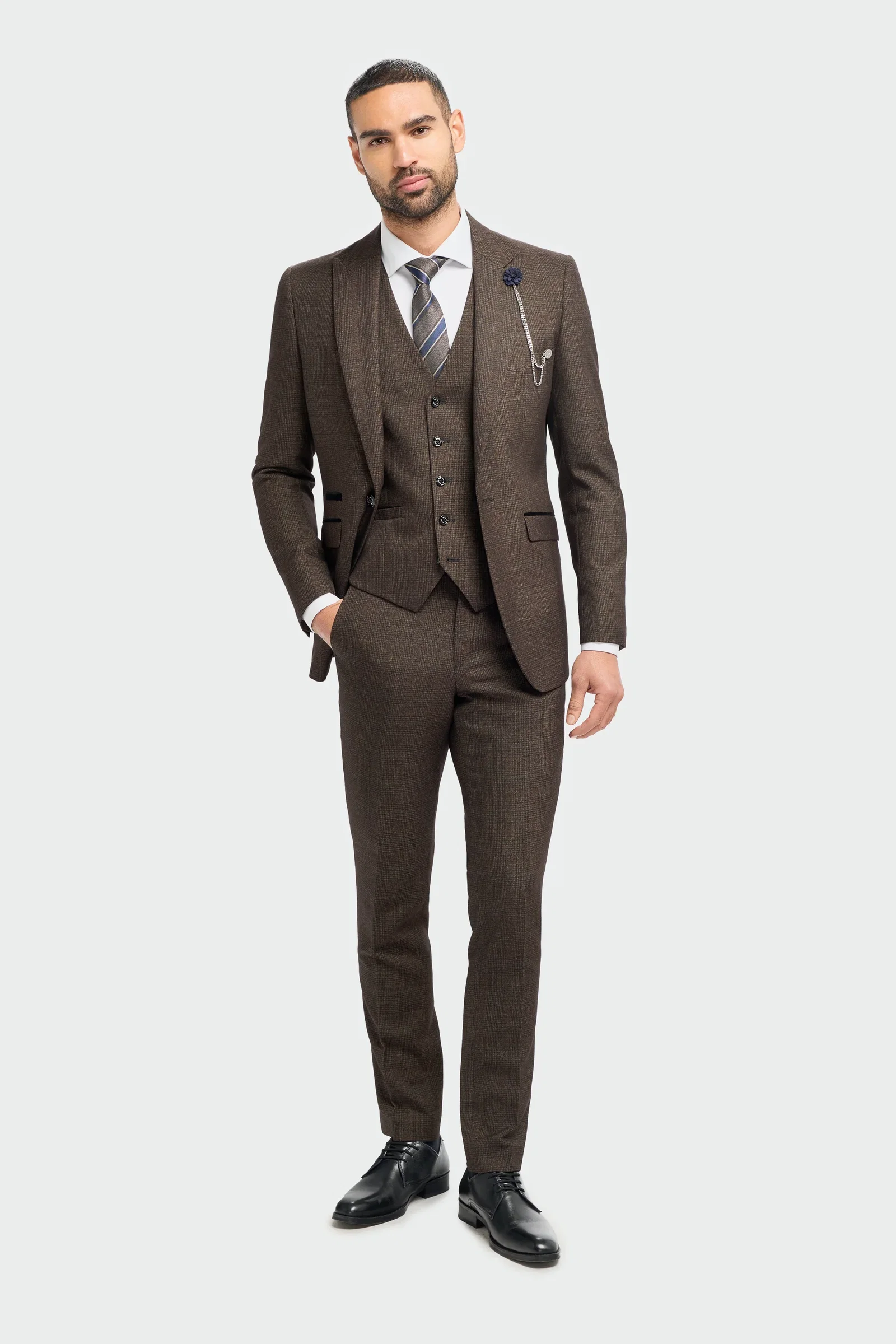 Image of Caridi Brown Regular Check Three Piece Suit