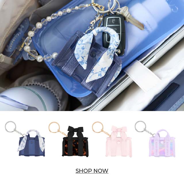 All colors of the Jelly Tote Bag Keychains with one shown clipped to a key ring.